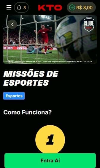 Captura de tela mostra aba de missões na KTO que inclui apostas em lutas e UFC.