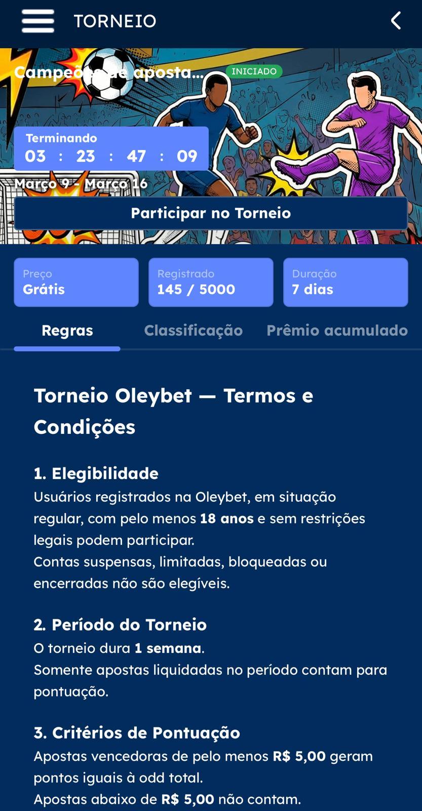 Captura da tela de torneios para quem aposta em futebol na Oleybet.