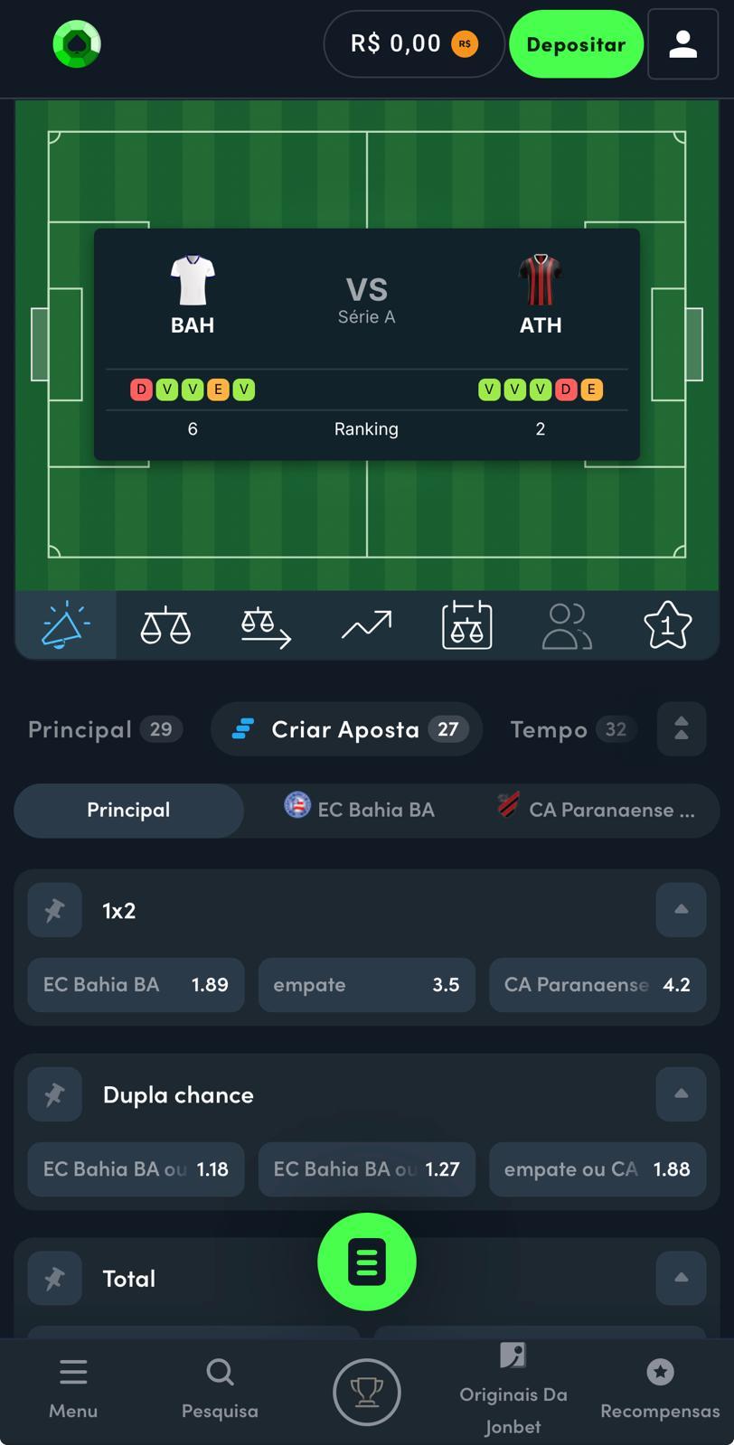 Captura de tela mostra os mercados da JonBet no Criar Aposta.