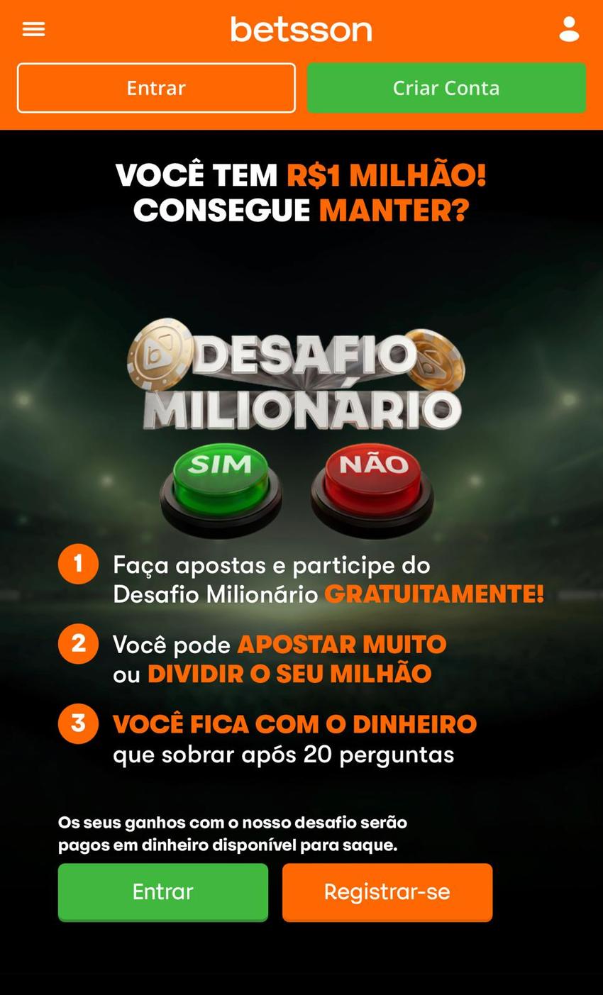 Captura de tela do Desafio Milionário da Betsson, uma das melhores bets do Brasil.