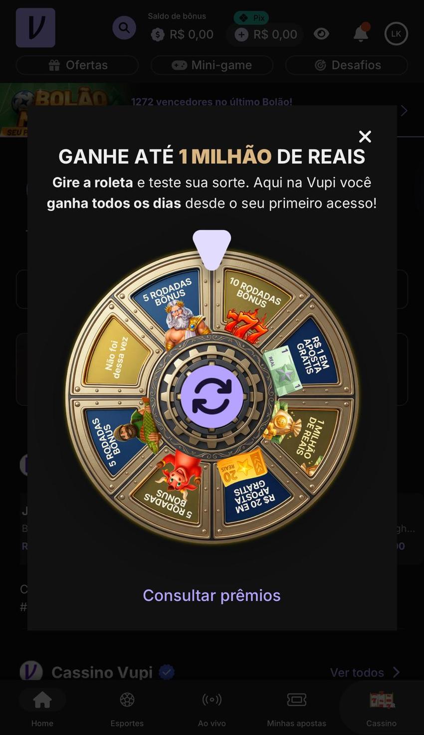 Captura de tela da Roleta Premiada da Vupi.