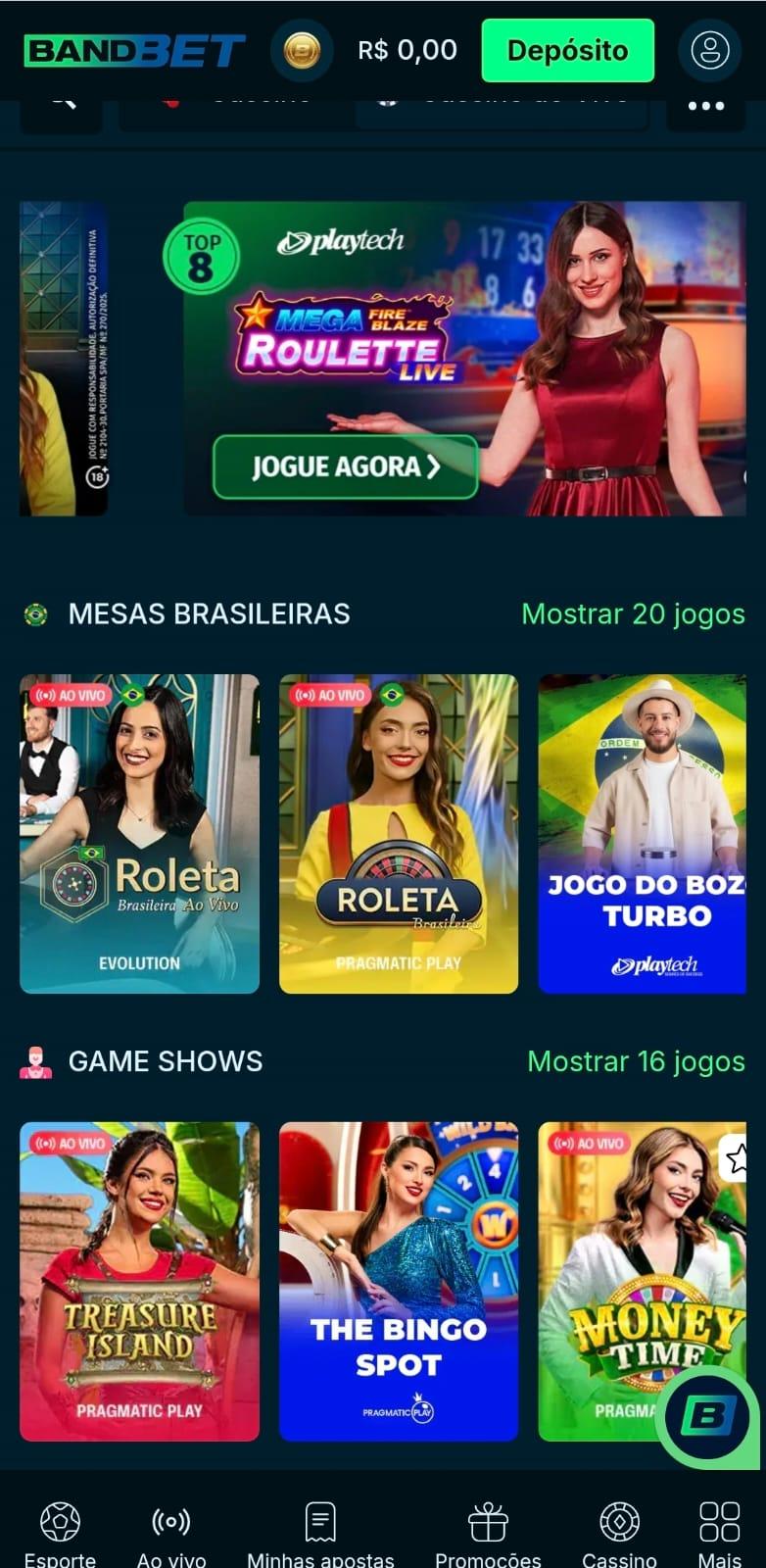 Captura de tela das mesas brasileiras disponíveis no cassino ao vivo da BandBet.