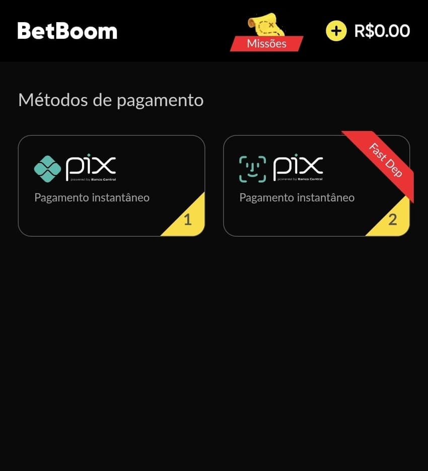 Captura de tela dos métodos de pagamentos disponíveis para fazer saque na BetBoom.