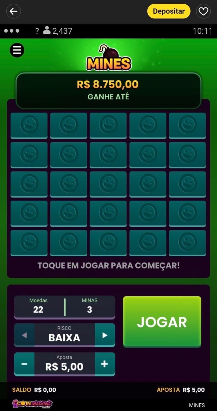Captura de tela de uma sessão de apostas no jogo Mines da bet365.