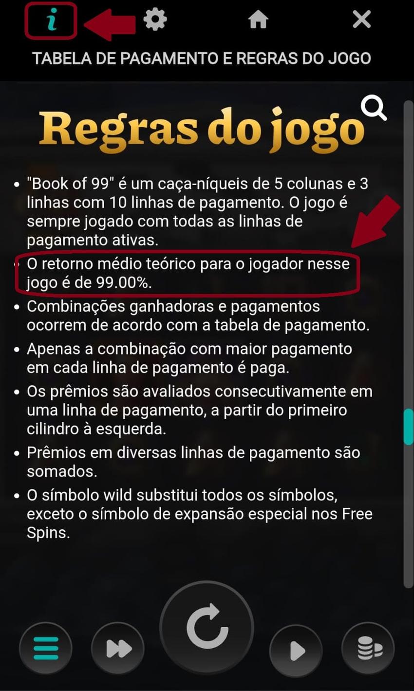 Captura de tela que mostra o que é RTP e onde localizar no jogo Book of 99.