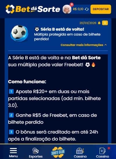 Captura de tela de ofertas neste fim de semana para a Série B na Bet dá Sorte.