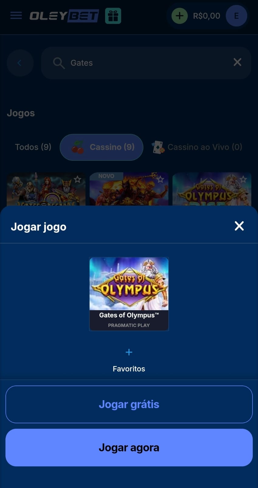Captura de tela da Oleybet com os botões para jogar Gates of Olympus valendo dinheiro ou na versão demonstrativa.