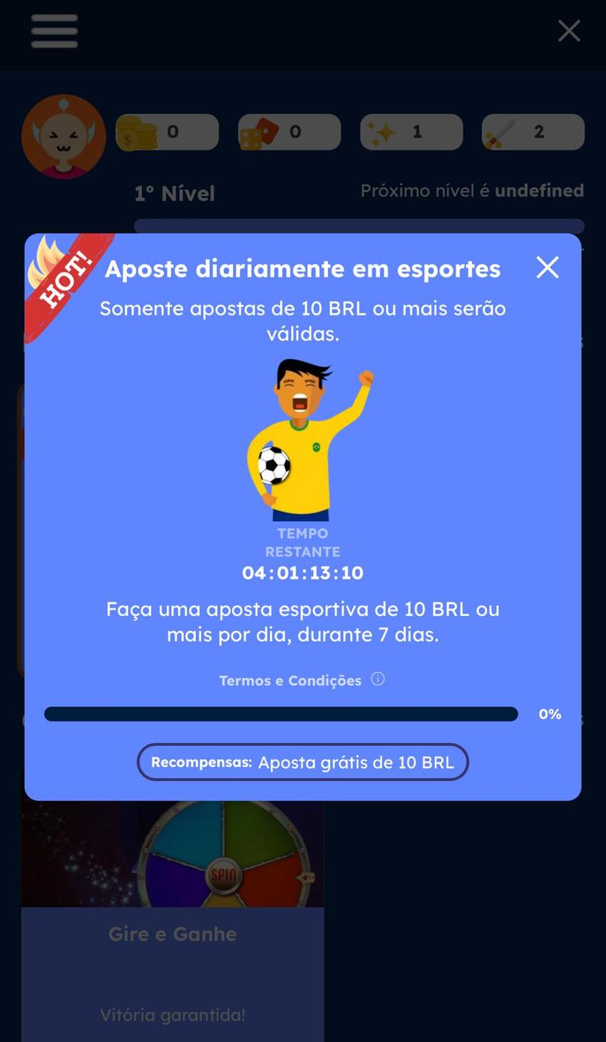 Captura de tela do painal de missões na plataforma de 5 reais Oleybet.
