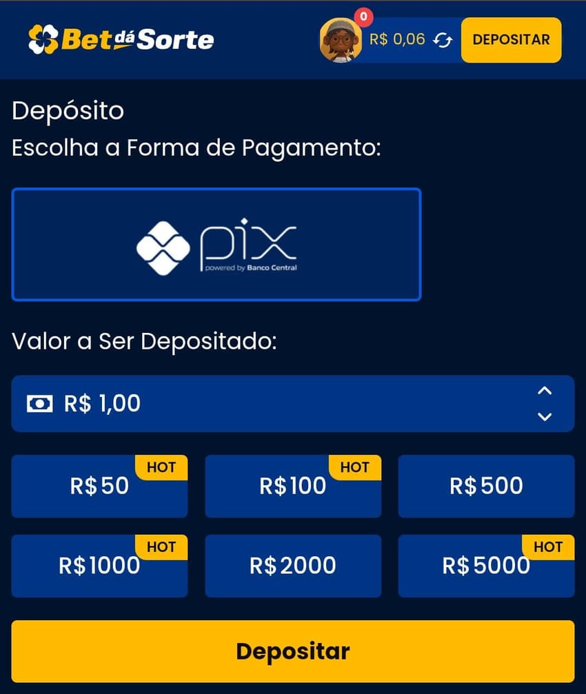 Captura de tela do depósito mínimo da Bet Dá Sorte de R$1.