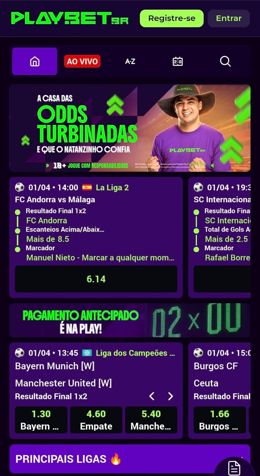 Captura de tela da PlayBet na página inicial com informações dos jogos da semana e ofertas de Odds Turbinadas e Pagamento Antecipado.