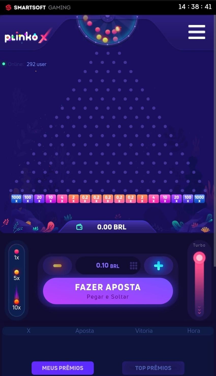 Captura de tela do Plinko em uma sessão de apostas na Sportingbet exibindo os botões de apostas e a estrutura do jogo.
