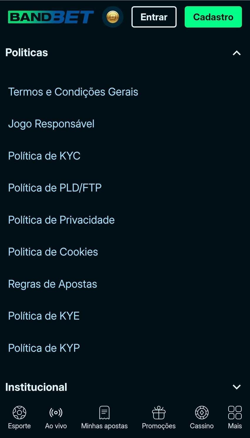 Rodapé da Bandbet com políticas de KYC, KYP e de Privacidade