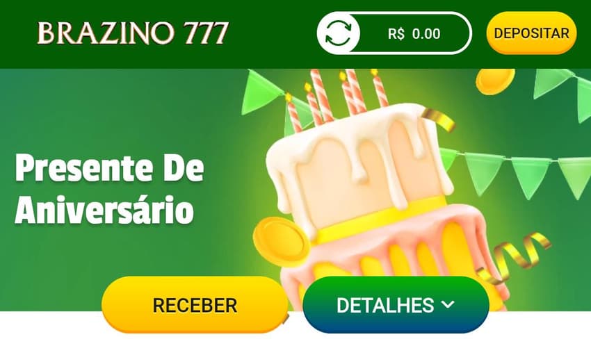 Captura de tela do bônus de presente de aniversário dado pela Brazino777.