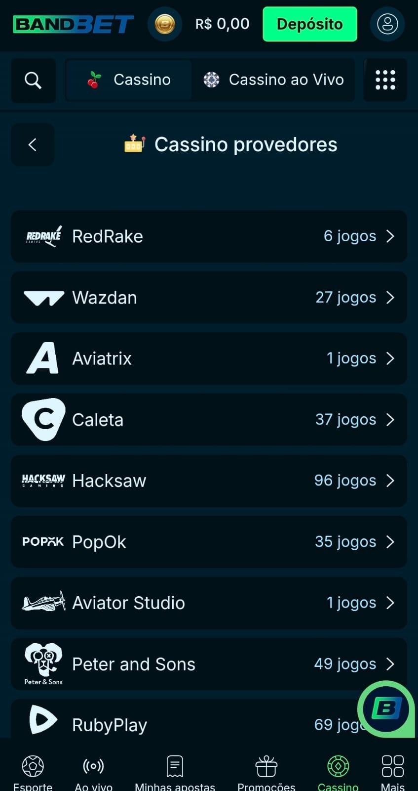 Captura de tela da página de provedores de jogos da BandBet com nomenclatura e número de títulos fornecidos