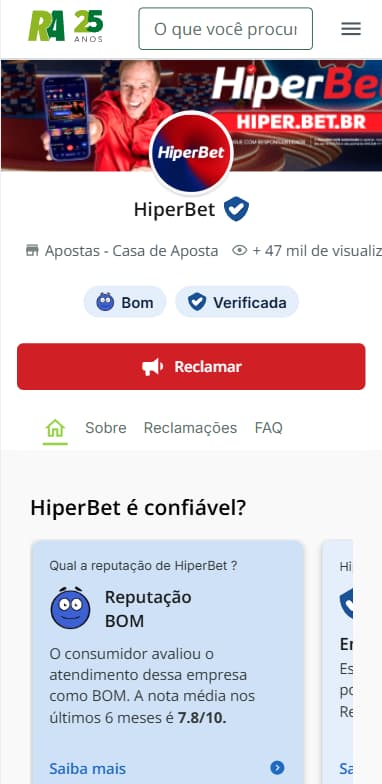 Reputação Boa da HiperBet no Reclame Aqui com nota 7.8/10