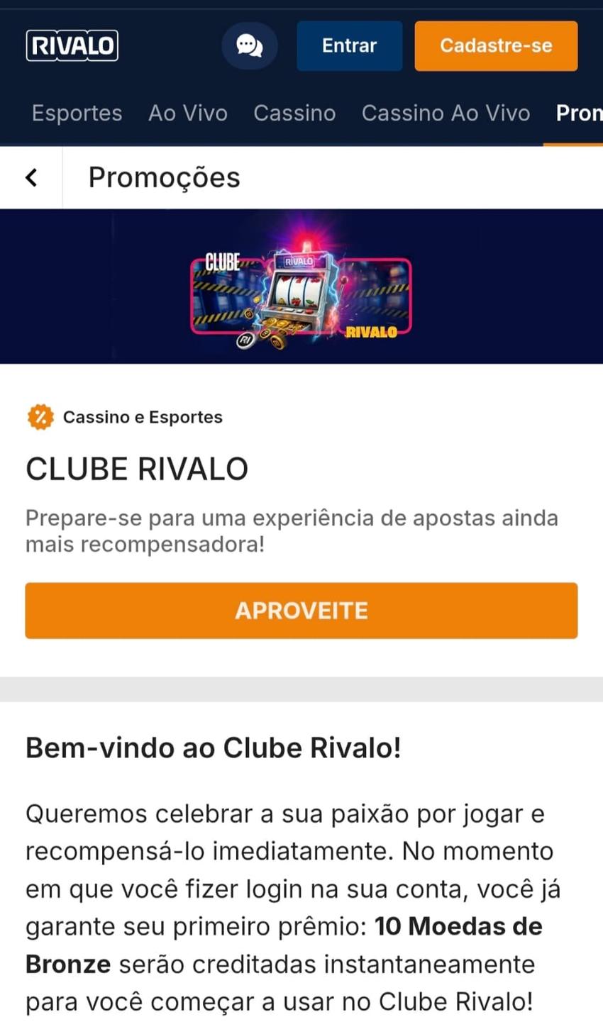 Captura de tela do clube Rivalo, programa de fidelidade disponível na nova bet legalizada no Brasil.