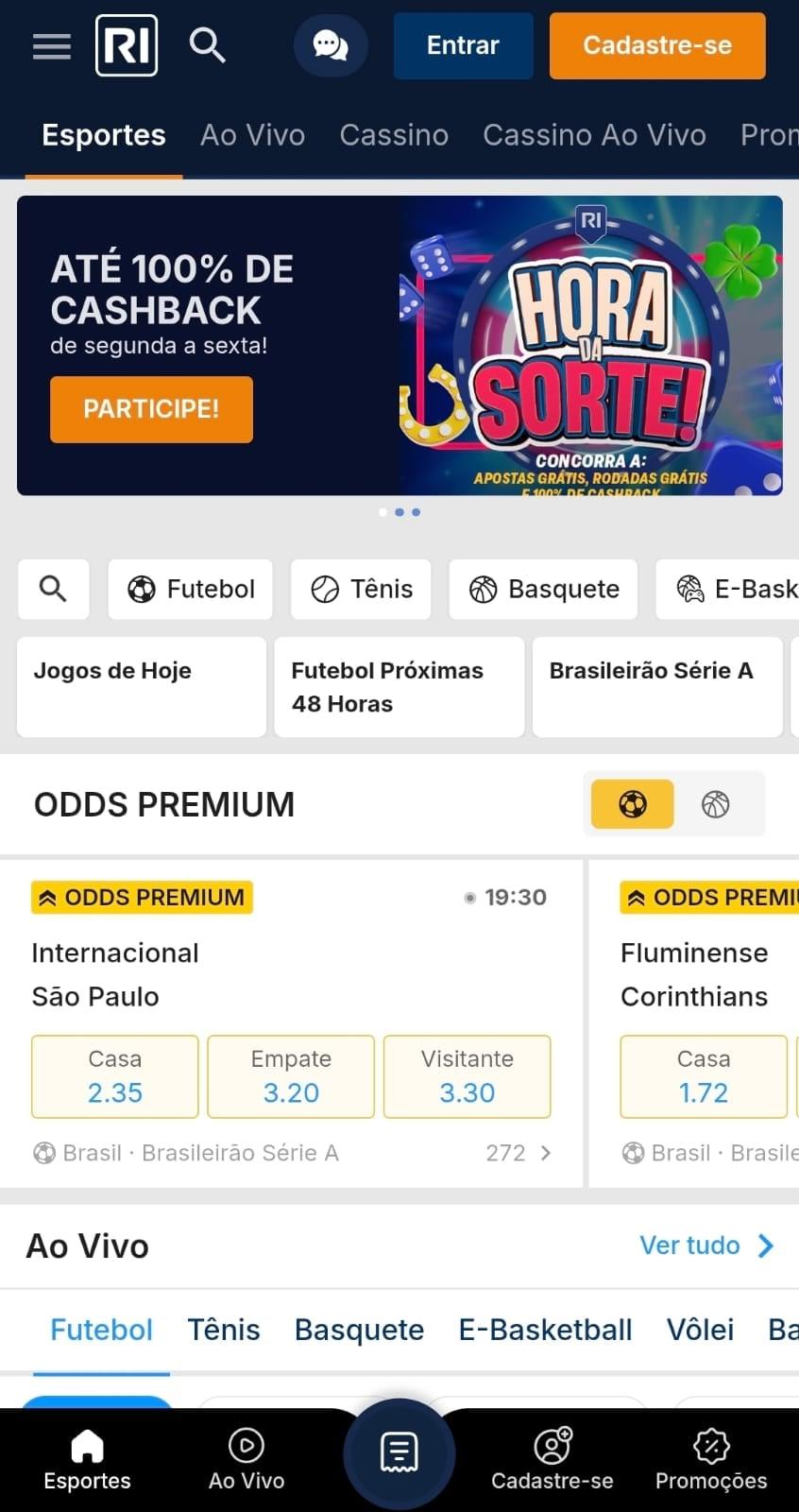 Captura de tela da página inicial da Rivalo, bet autorizada pelo Governo Federal, exibindo jogos em destaque, promoções e botões de login e registro.