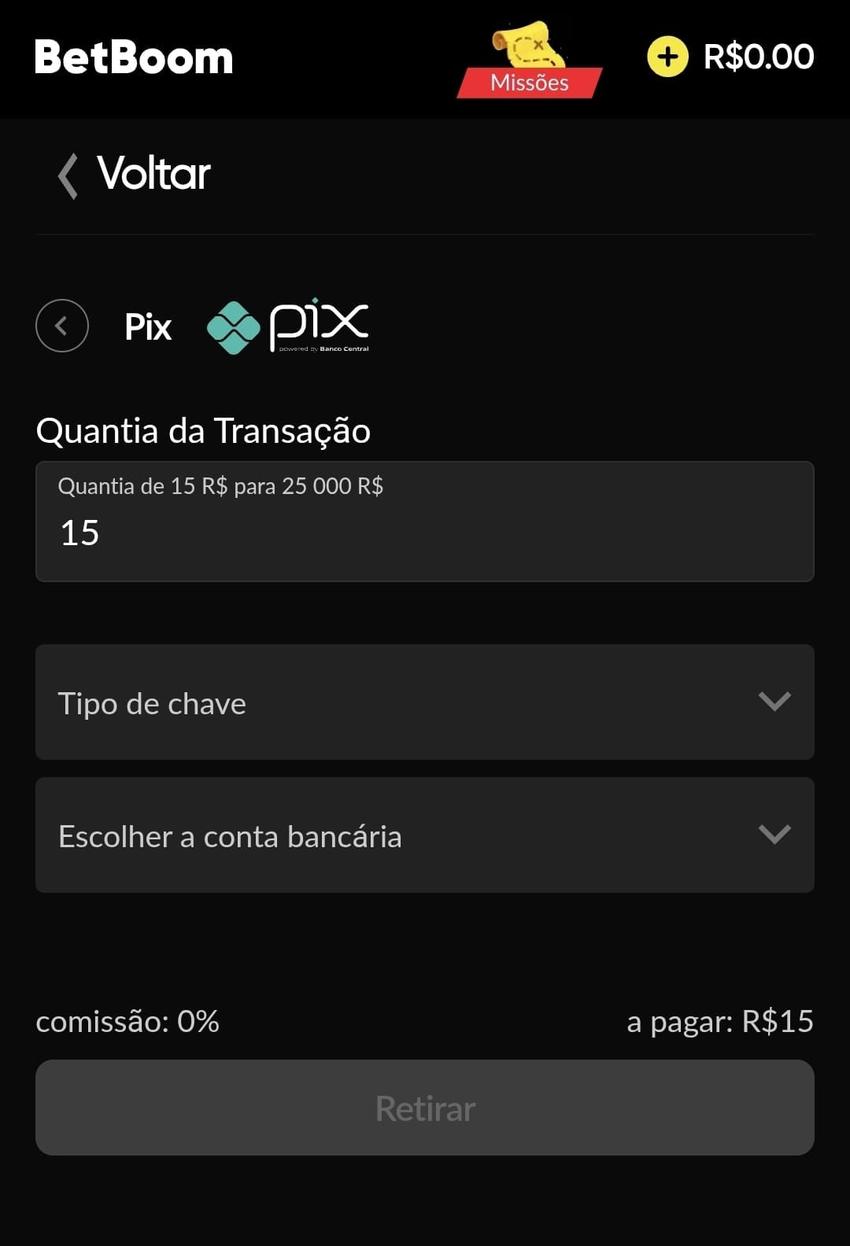 Captura de tela do formulário de saque na BetBoom com os campos pra valor mínimo, chave Pix e conta bancária.