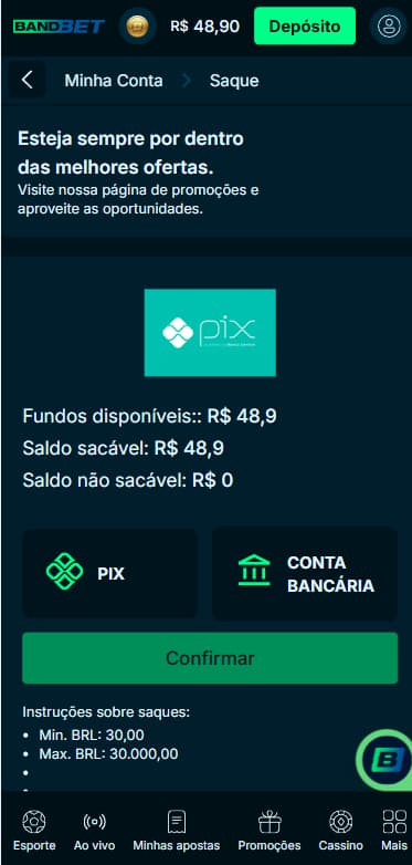 Página de saque na BandBet com opção de Pix e transferência bancária