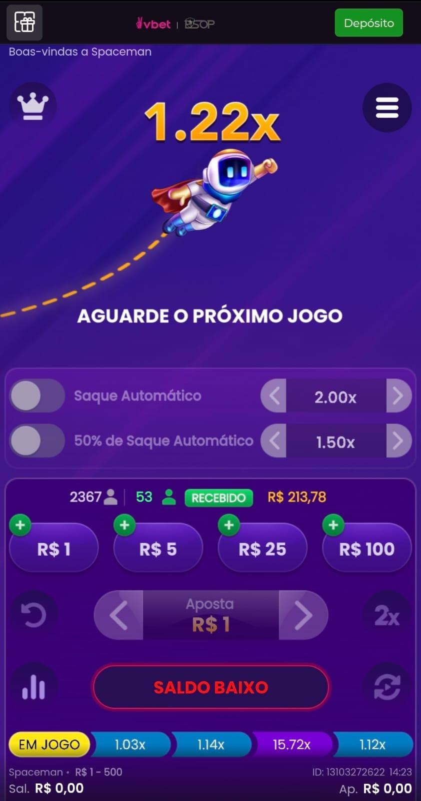 Captura de tela do Spaceman, um dos melhores crash games do Brasil sendo jogado na Vbet.