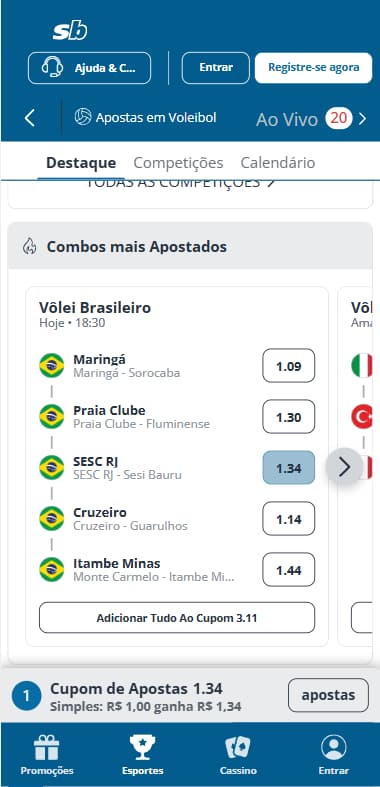  Página de vôlei na Sportingbet com os combos mais apostados da Superliga
