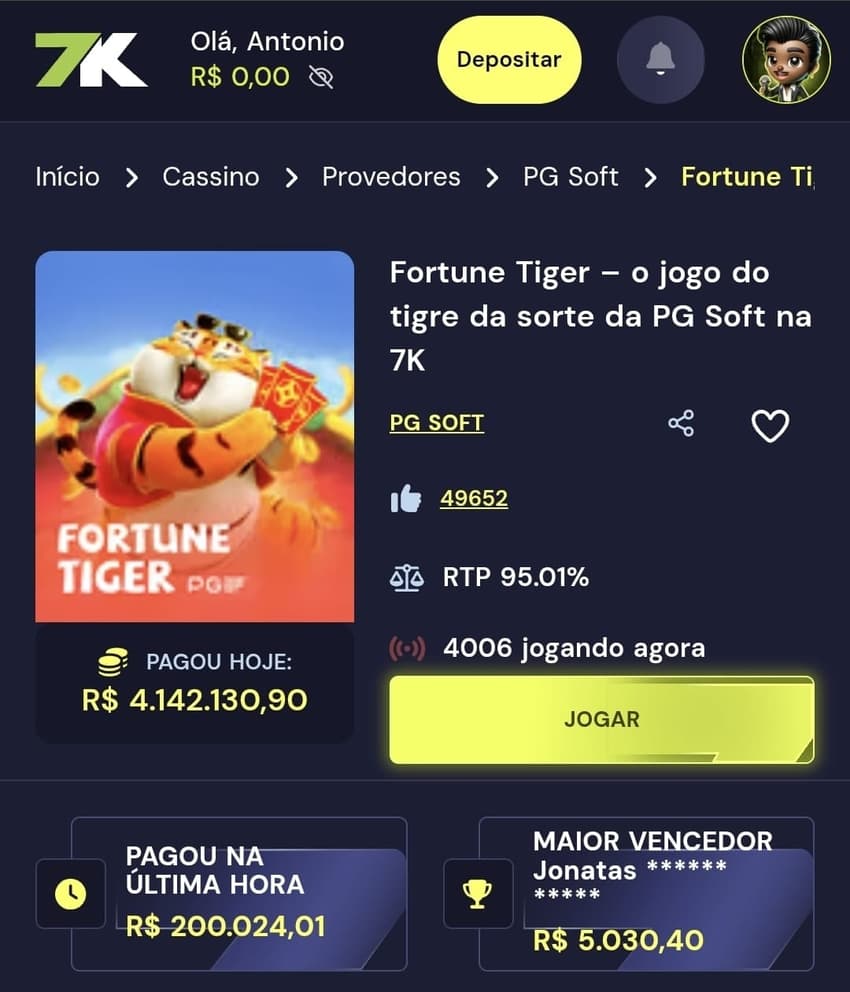 Captura de tela do jogo Fortune Tiger na Bet7k com botões para jogar, detalhes do quanto pagou no dia e maior vencedor.