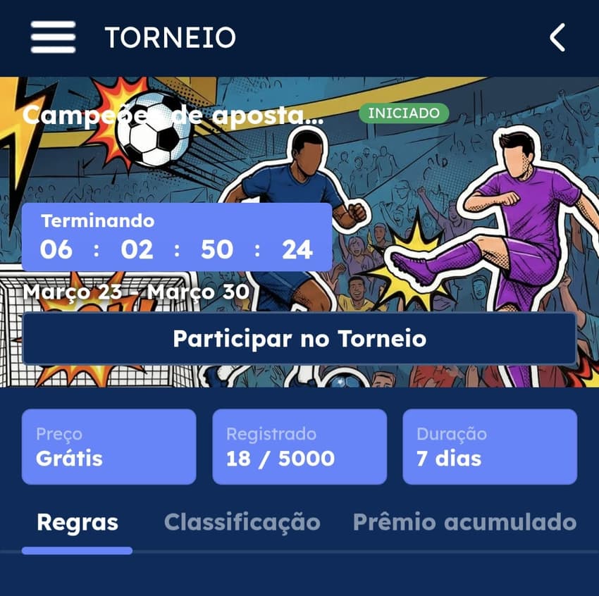 Captura e tela do torneio campeões das apostas esportivas na Oleybet com detalhes da promoção e botão de participação.