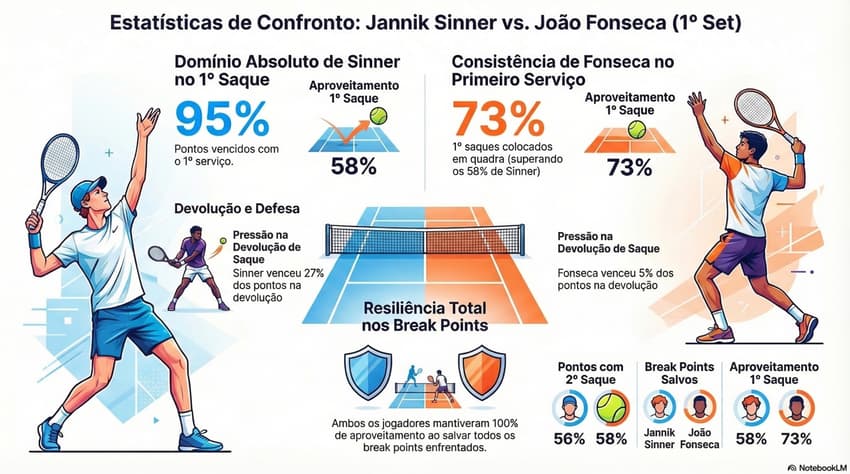 Números do primeiro set entre Sinner e João Fonseca (Reprodução)
