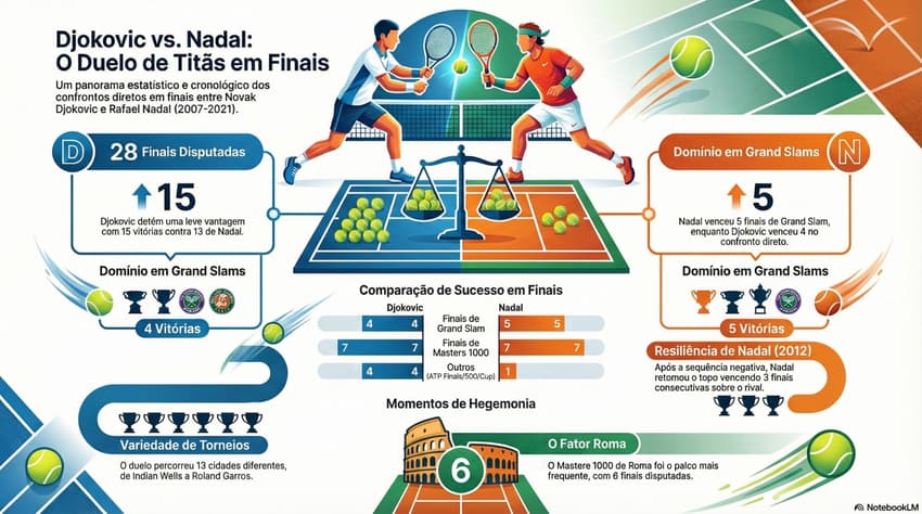 Gráfico mostra as 28 finais entre Novak Djokovic e Rafael Nadal (Reprodução)
