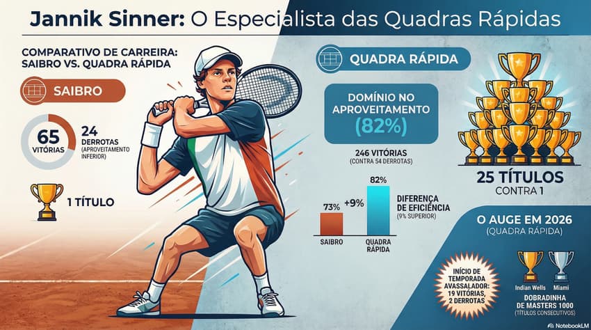 Gráfico mostra os números da carreira de Sinner no saibro e na quadra rápida (Reprodução)