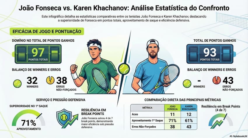 Números da vitória de João Fonseca sobre o russo Karen Khachanov (Reprodução)