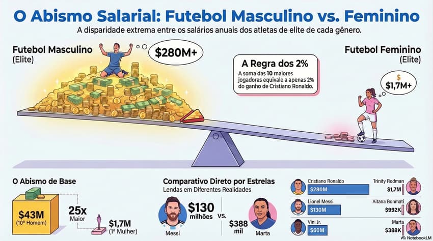 Difernças saláriais entre homens e mulheres no futebol (Imagem gerada pela IA Notebook LM)