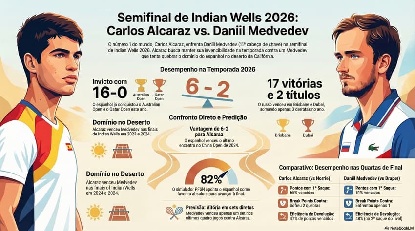 Números da carreira e da temporada de Carlos Alcaraz e Daniil Medvedev (Reprodução)