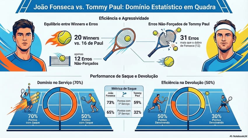 Números da vitória de João Fonseca sobre o americano Tommy Paul em Indian Wells (Reprodução)
