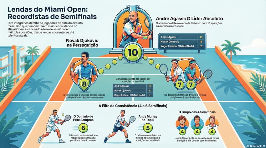 Gráfico mostra os principais recordistas de semifinais do Miami Open (Reprodução)