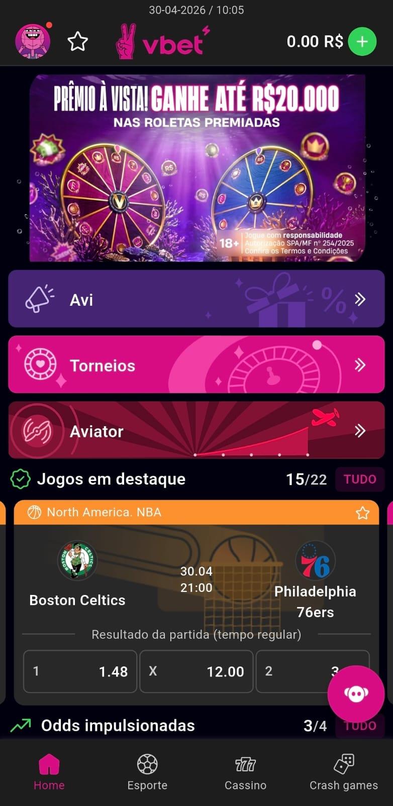 Captura de tela do aplicativo da Vbet no Android exibindo a página inicial de apostas.
