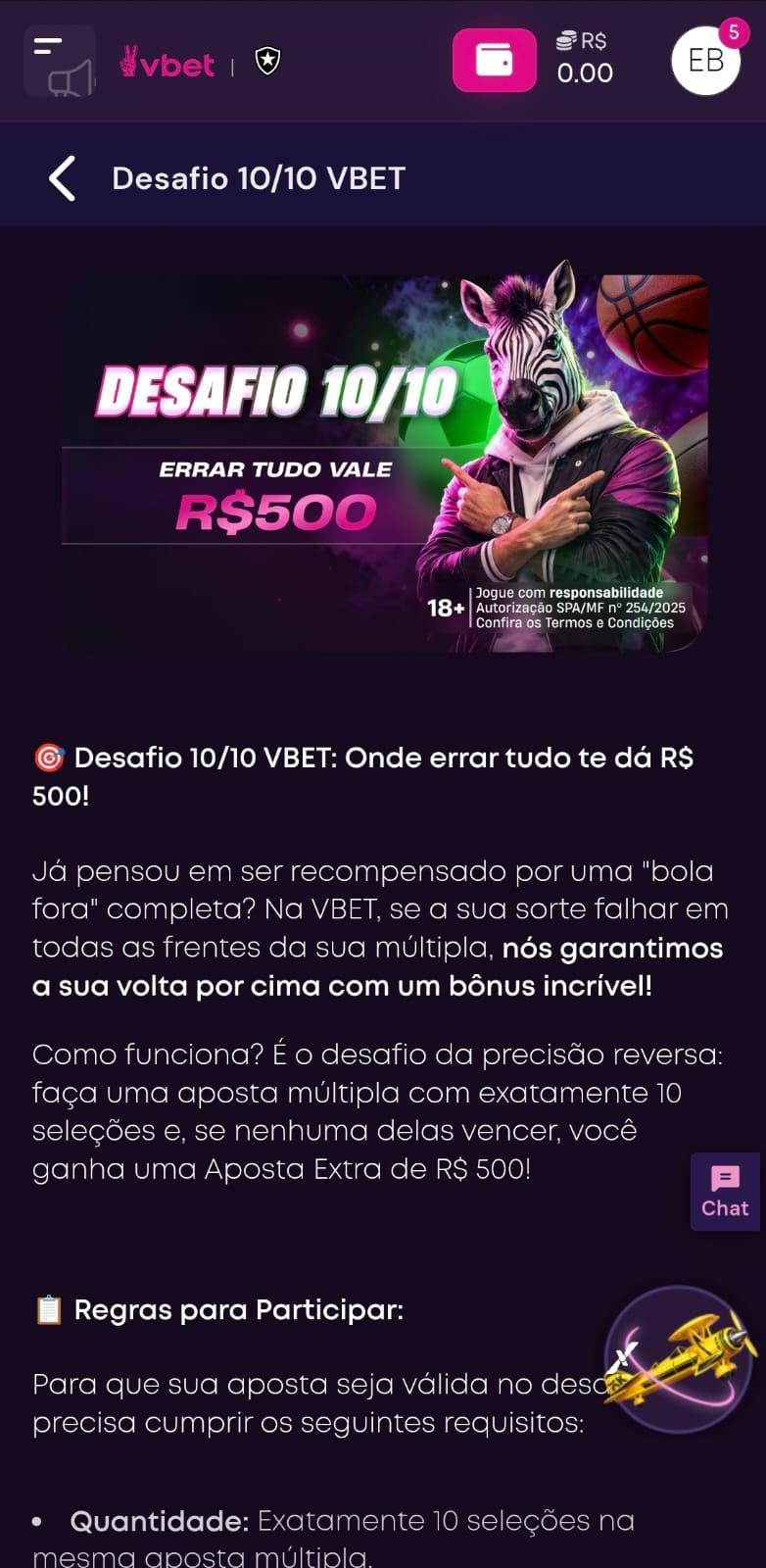 Captura de tela da vbet com os detalhes da oferta Desafio 10/10 disponível para apostar nas principais ligas de futebol.
