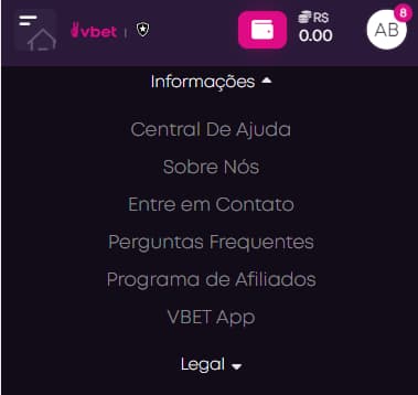 Rodapé de informações da Vbet com links para Central de ajuda e FAQ
