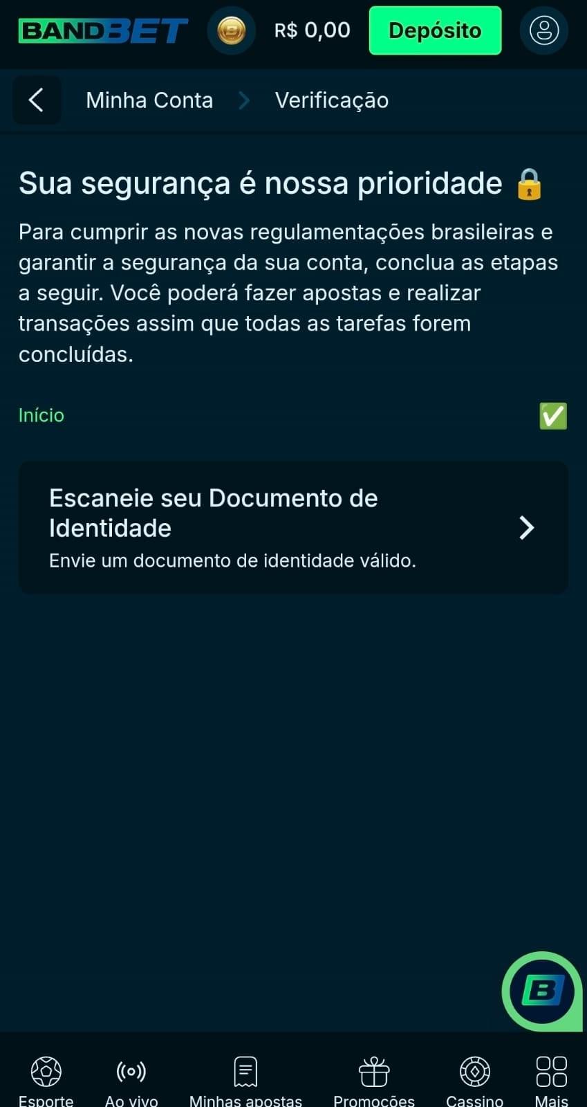 Captura de tela da página de verificação de identidade no cassino da BandBet.