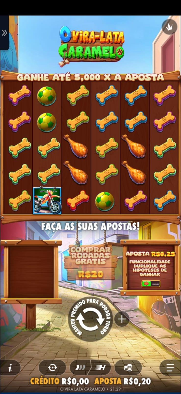 Captura de tela do resultado de uma rodada valendo dinheiro no caça-níquel O Vira-Lata Caramelo na Sportingbet.