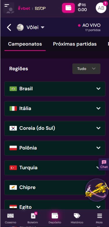 Tela da Vbet mostrando campeonatos de vôlei disponíveis para apostas por região