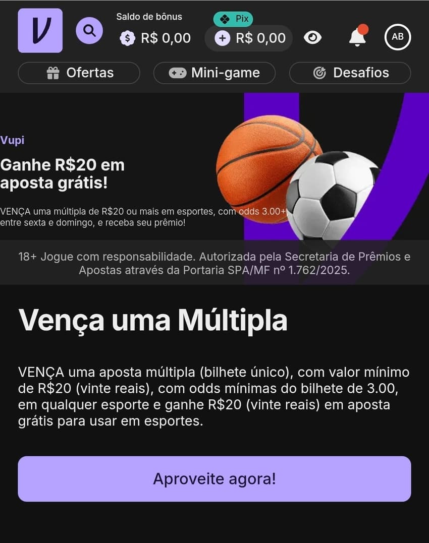 Captura de tela da Vupi, plataforma nova que oferece R$20 em apostas grátis para os jogadores.