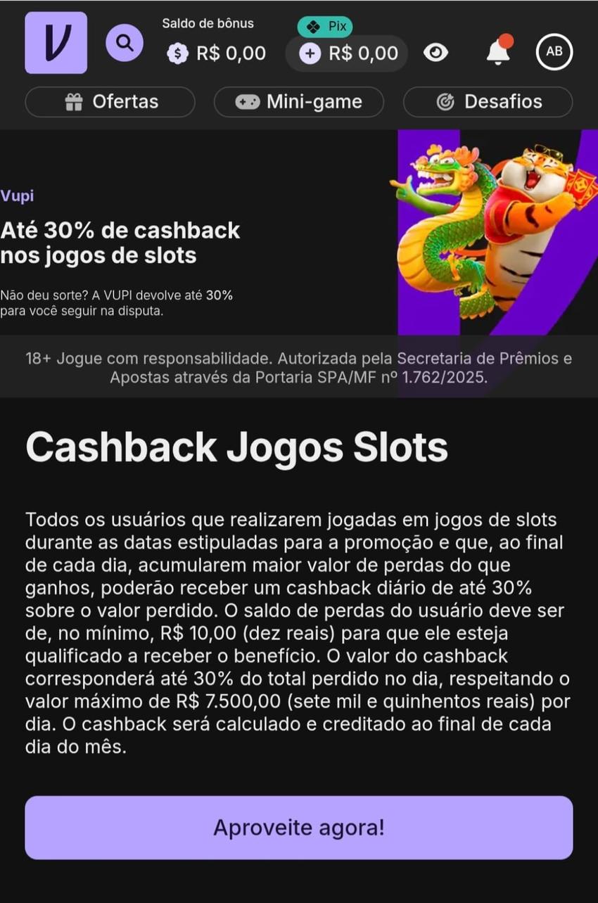 Captura de tela da Vupi, plataforma que paga até R$7.500 de cashback diário nos jogos slots.