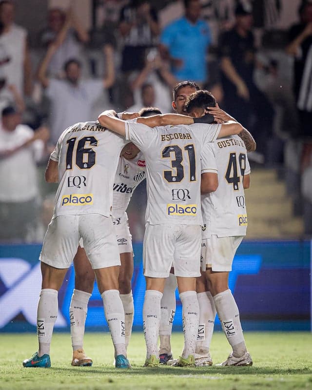Elenco do Santos comemora vitória diante do Remo, pelo Brasileirão. (Foto: Raul Baretta/ Santos FC)