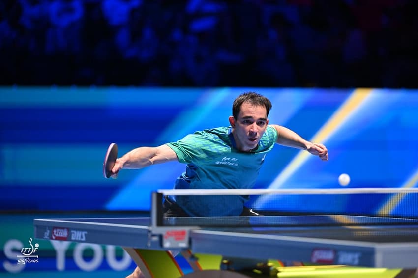Hugo Calderano em uma das vitórias na Copa do Mundo em Macau (Foto: Divulgação/ITTF)