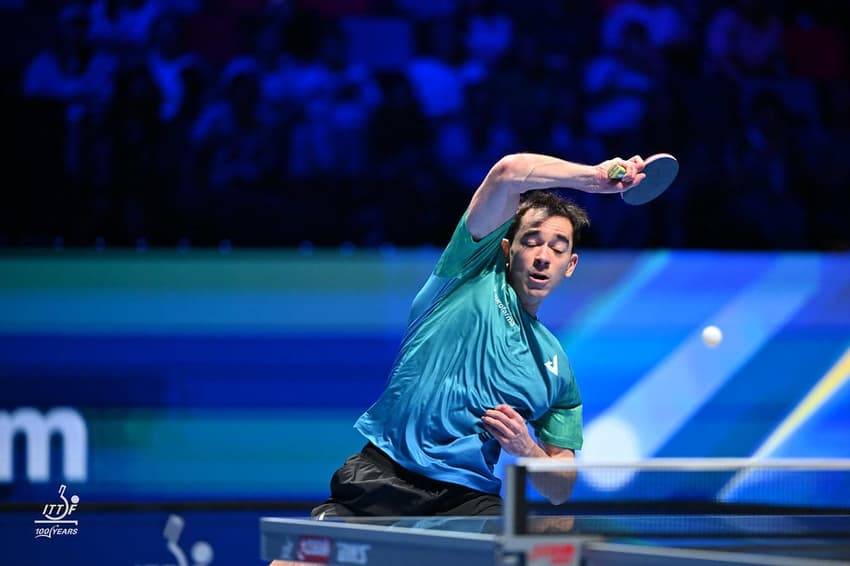 Hugo Calderano em uma das vitórias na Copa do Mundo em Macau (Foto: Divulgação/ITTF)