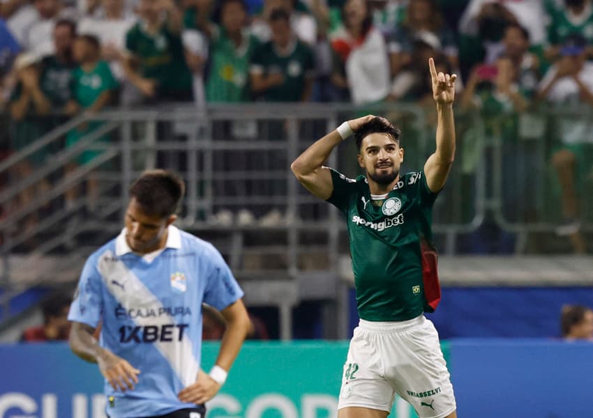 Flaco López comemora gol em Palmeiras x Sportin Cristal (Foto: Miguel Schincariol / AFP)