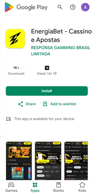Página do app Energia Bet na Play Store para download