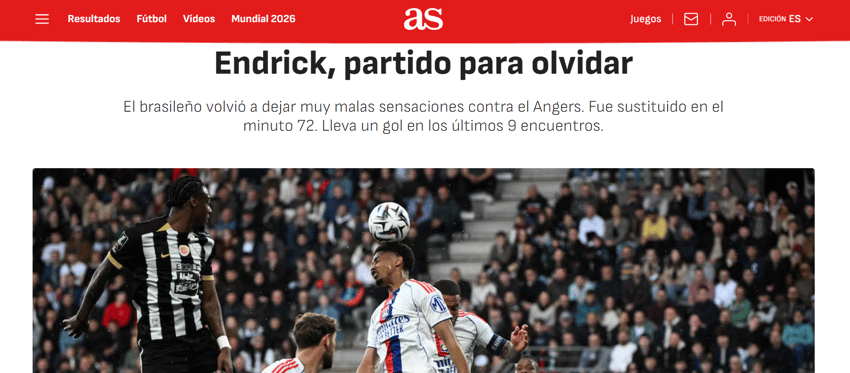Avaliação do jornal AS sobre atuação de Endrik em Agers x Lyon (Foto: reprodução/ Jornal AS)