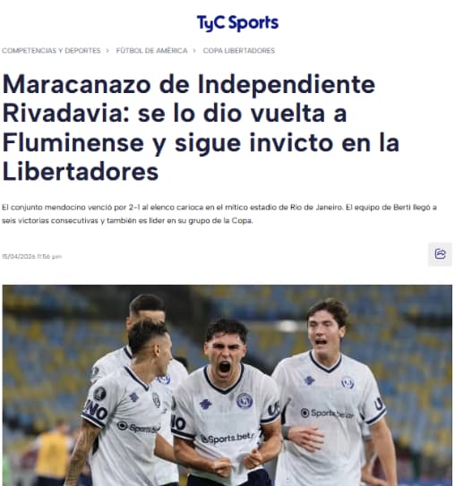 Tyc Sports, jornal argentino, classificou a derrota do FLuminense para o Rivadavia como 'Maracanazo histórico' (Foto: Reprodução)